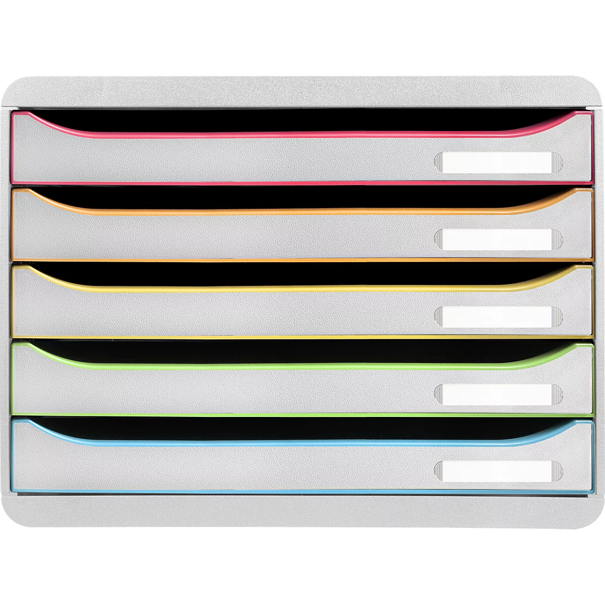 Grauer Aktenhalter mit Schubladen in verschiedenen Farben, mit kleinen weißen Schildern.