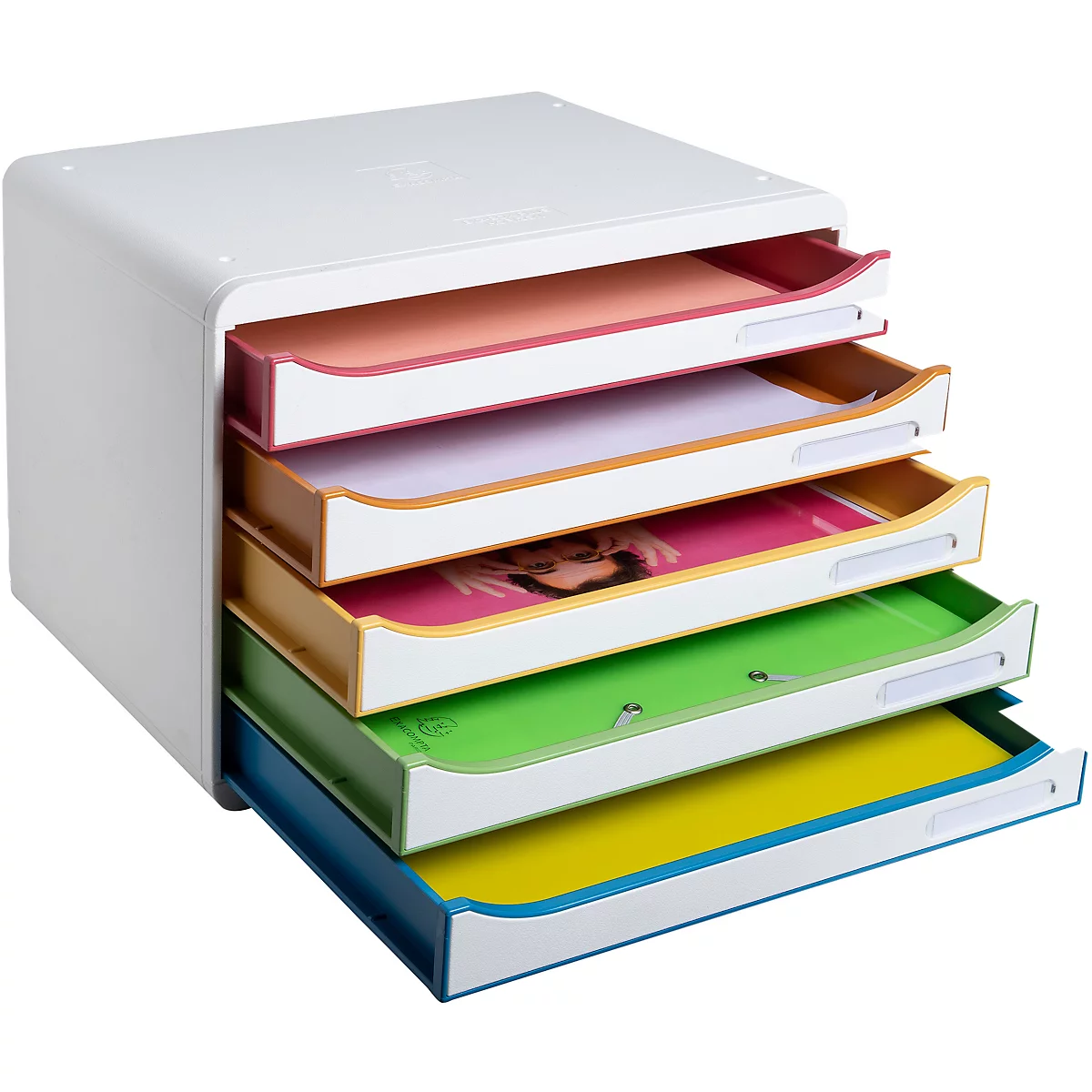 Veelkleurige papiermand met vier laden gevuld met documenten en papier.