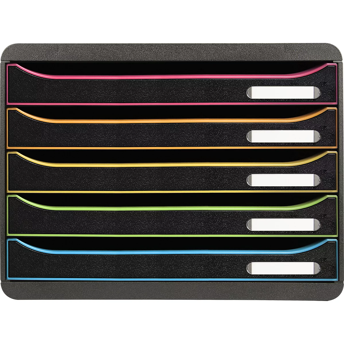 Zwarte documentenorganizer met gekleurde lades: roze, oranje, geel, groen en blauw. Elke lade heeft een wit labelveld.