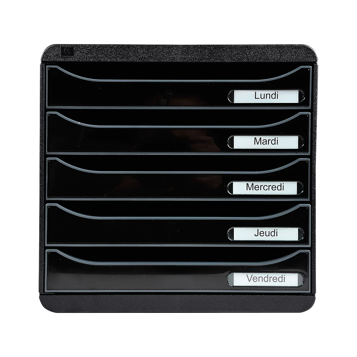 Zwarte documentenorganizer met vijf compartimenten. Elk compartiment is gelabeld met een dag van de week: maandag tot en met vrijdag.
