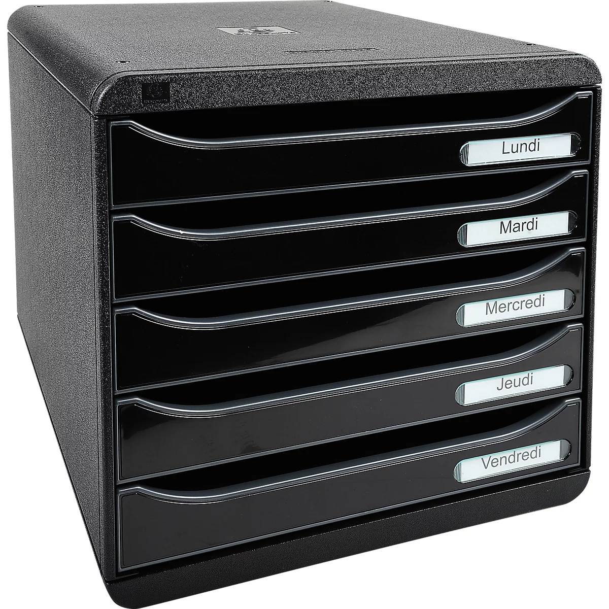 Zwarte documentenorganizer met 5 laden, beschreven met de dagen van de week in het Frans.