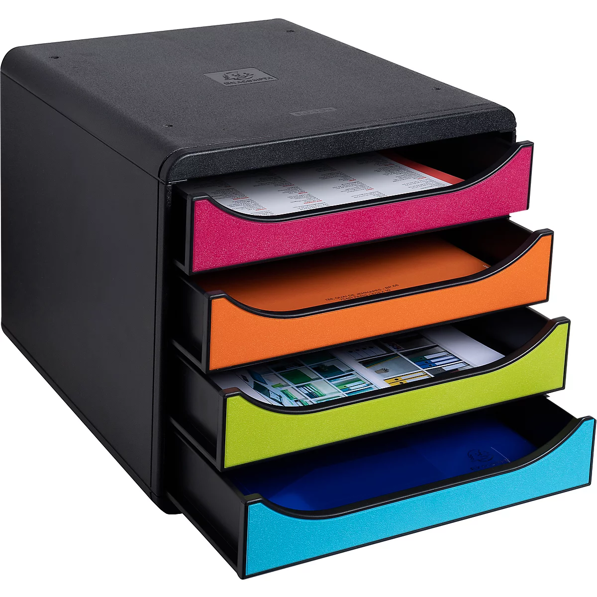 Organisateur de documents noir avec quatre tiroirs colorés : rose, orange, vert et bleu.