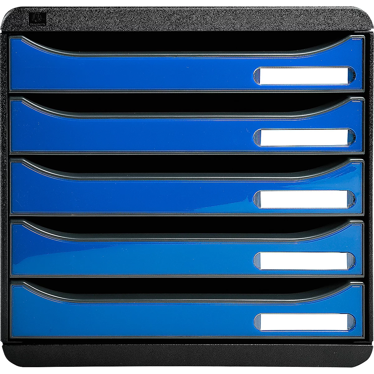 Organisateur de dossiers à 5 tiroirs en noir et bleu, avec des champs d'étiquetage blancs.