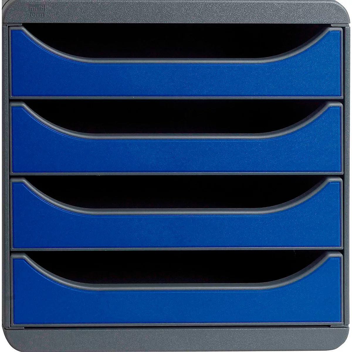 Système de classement gris-bleu avec quatre compartiments. Chaque compartiment a une face avant bleue arquée avec un cadre gris.