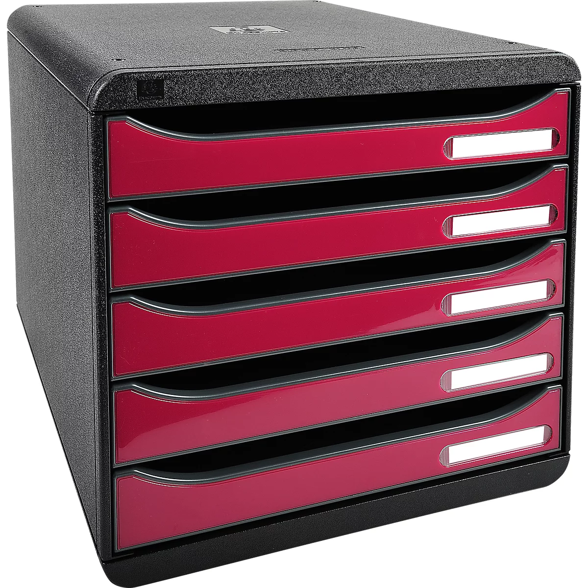 Organisateur de documents noir avec cinq tiroirs rouges avec étiquettes nominatives.