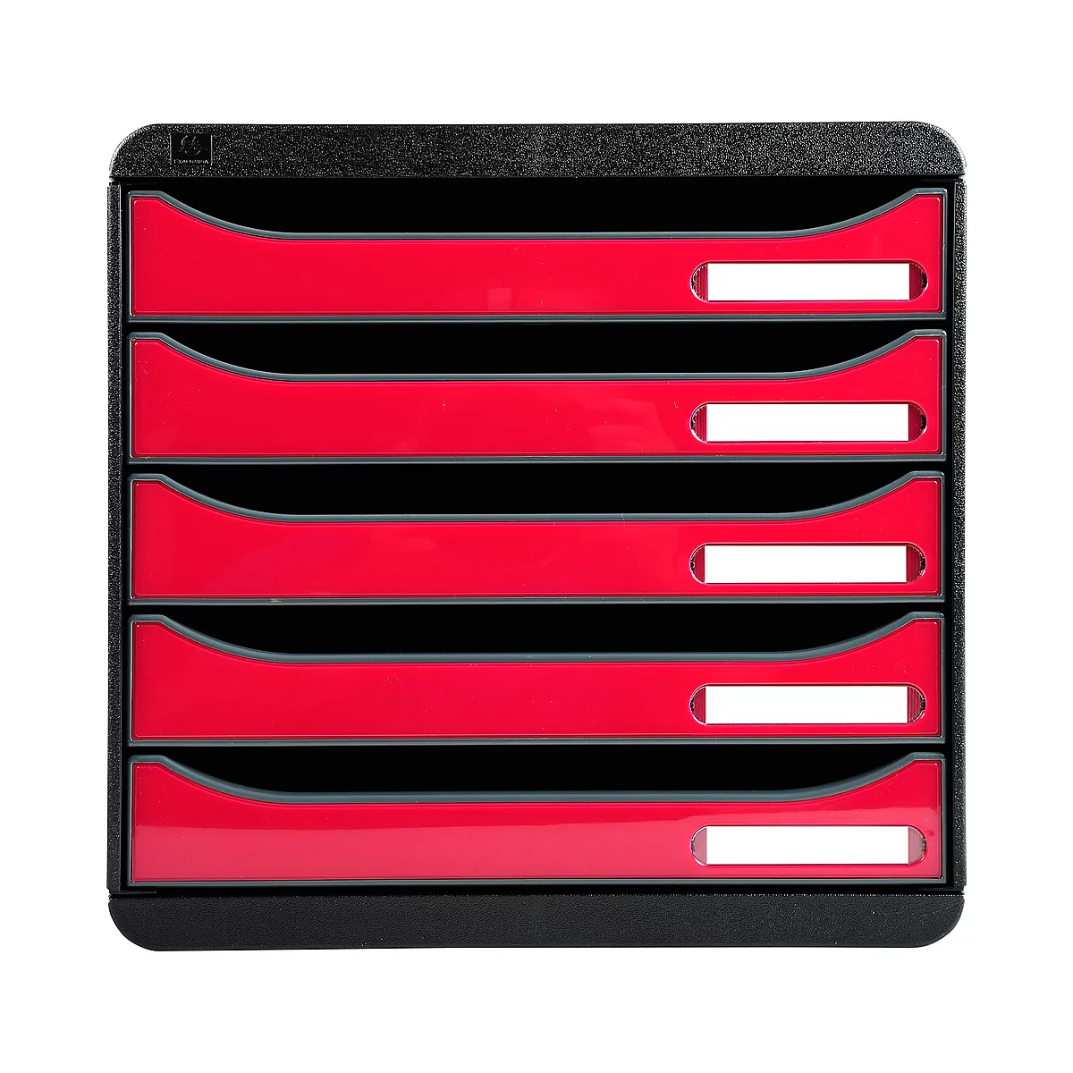 Organisateur de documents noir avec cinq bacs rouges et des champs d'étiquetage blancs.