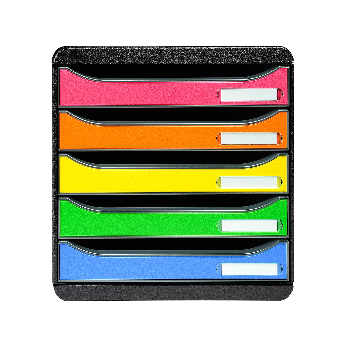 Zwarte documentenorganizer met vijf gekleurde lades: roze, oranje, geel, groen en blauw.