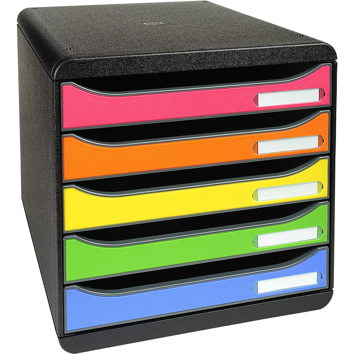 Zwarte documentenorganizer met vijf gekleurde laden. Elke lade heeft een wit label.