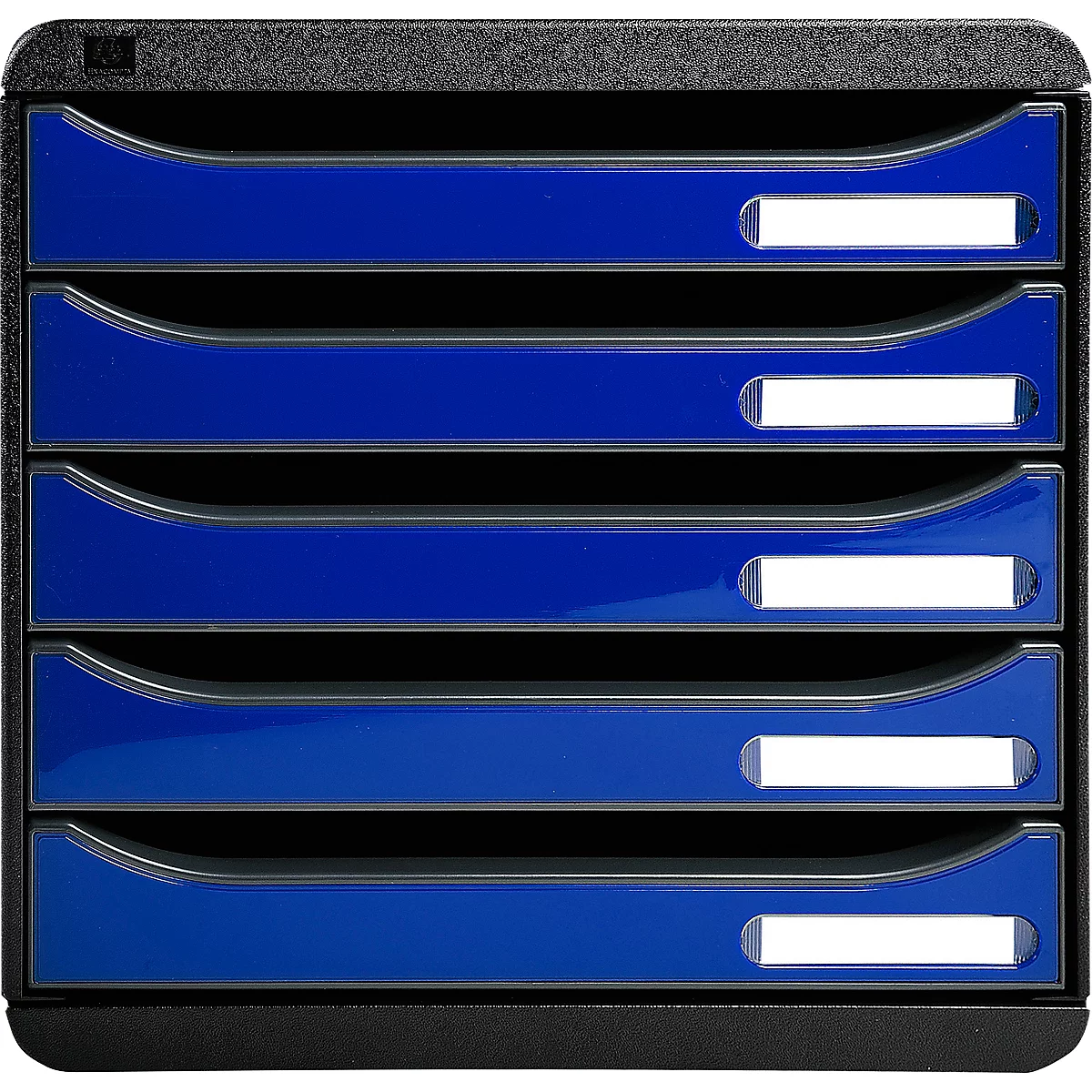 Schwarzer Dokumenten-Ablageständer mit sechs blauen Fächern und weißen Beschriftungsfeldern.