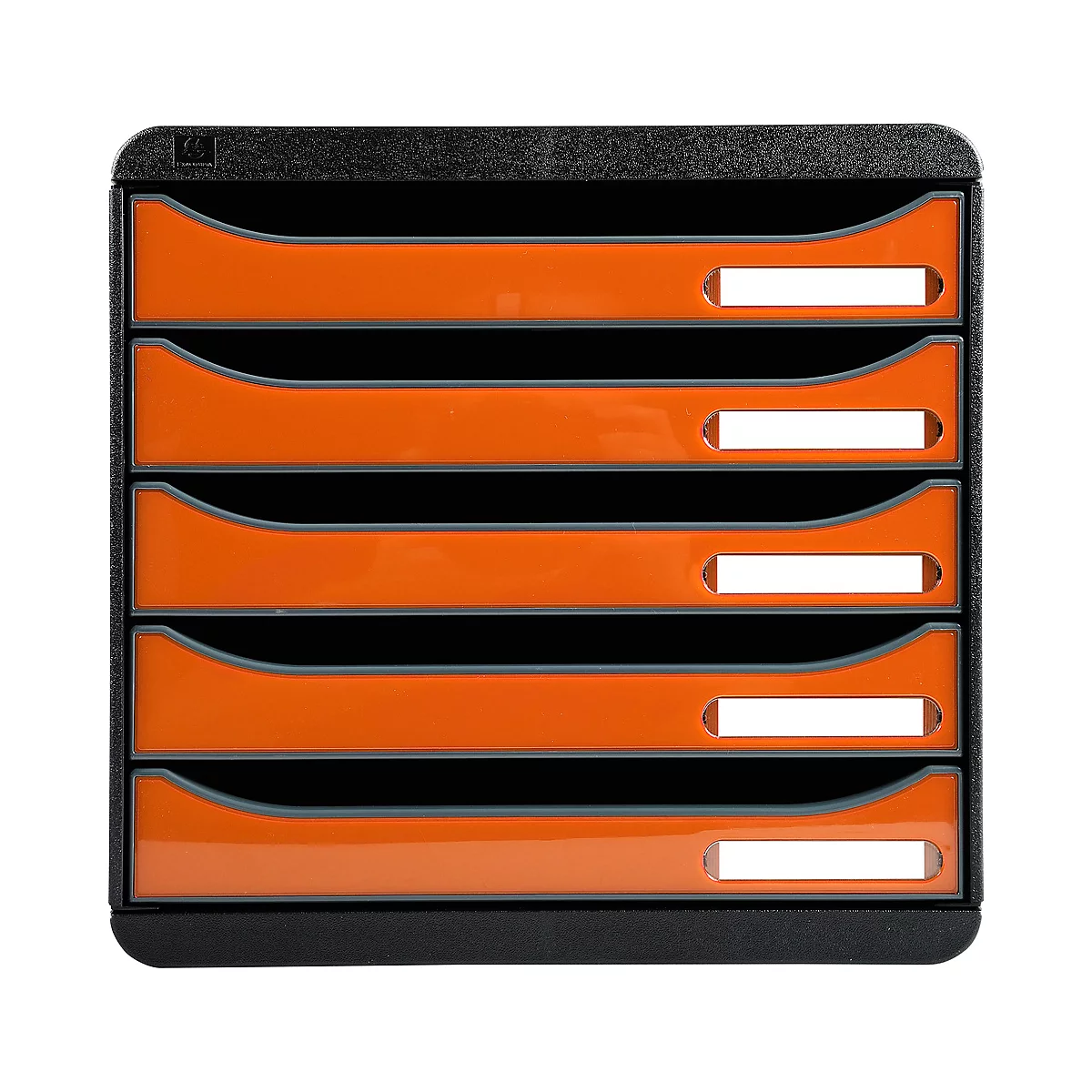 Organisateur de documents noir avec cinq tiroirs orange et des champs d'étiquettes blancs.