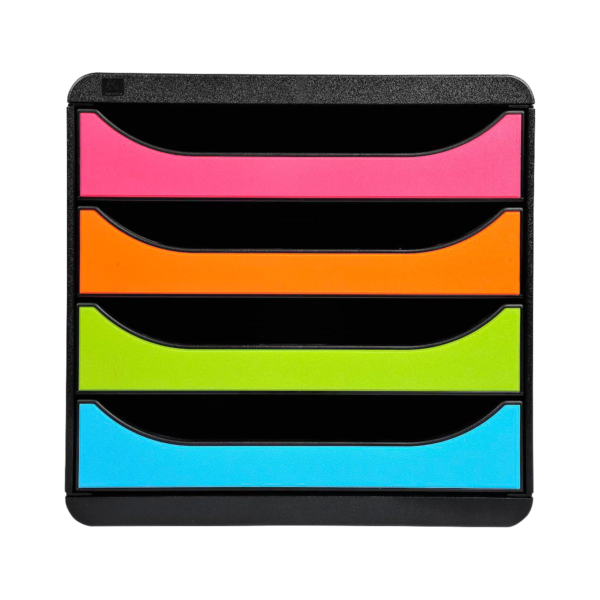 Schwarzer Dokumenten-Organizer mit fünf farbigen Ablagen in Pink, Orange, Grün und Blau.