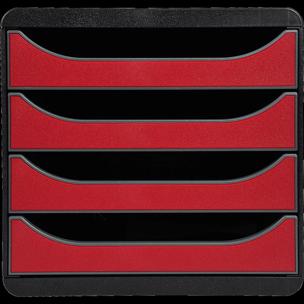 Organisateur de documents noir avec des inserts rouges. Quatre compartiments avec des bords incurvés. Bordure grise.