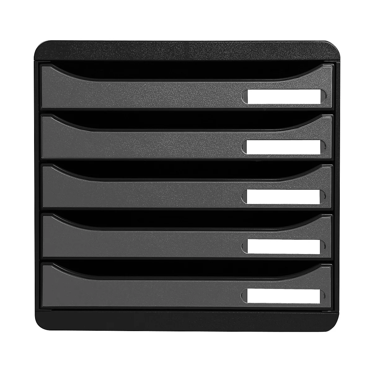 Organisateur de documents noir avec cinq tiroirs et des champs d'étiquettes blancs.