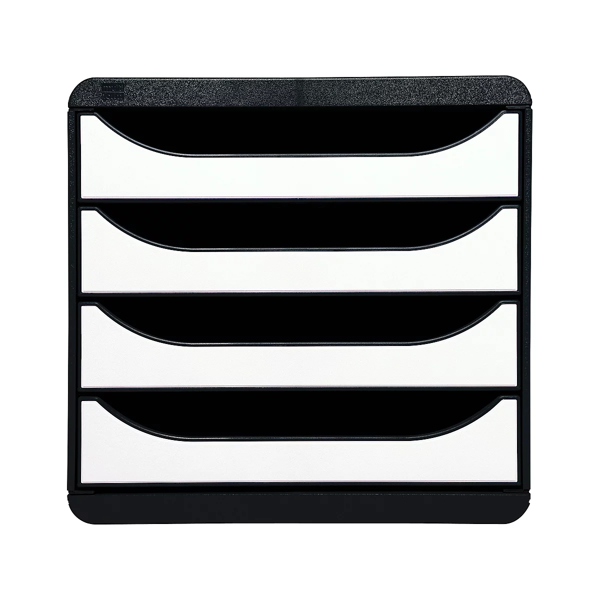 Zwarte documentenorganizer met vier compartimenten. De compartimenten worden gescheiden door witte vlakken, de behuizing is zwart.