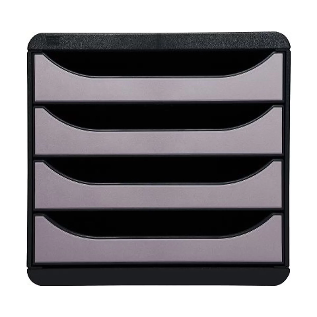 Bac à documents noir avec quatre compartiments de couleur grise, pour le bureau ou le bureau à domicile.