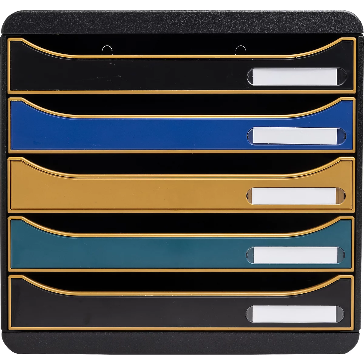 Organisateur de documents noir avec tiroirs bleus, jaunes et turquoise, avec champs d'étiquetage blancs.