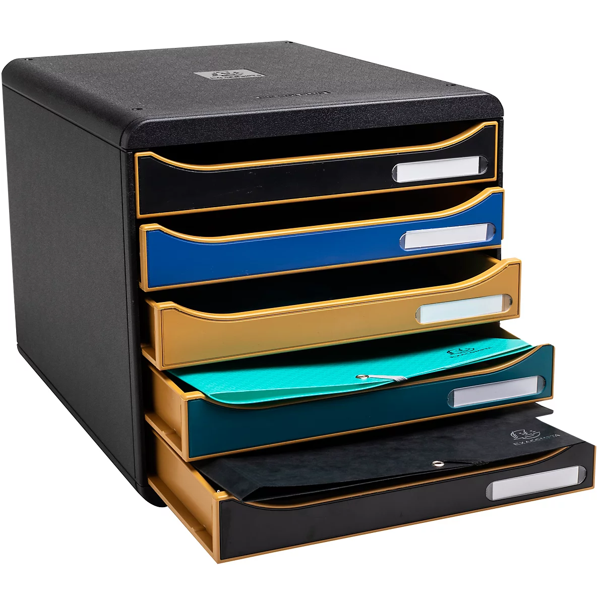 Organisateur de documents noir avec cinq tiroirs de différentes couleurs, étiquetés avec des étiquettes de nom. Un tiroir est ouvert.