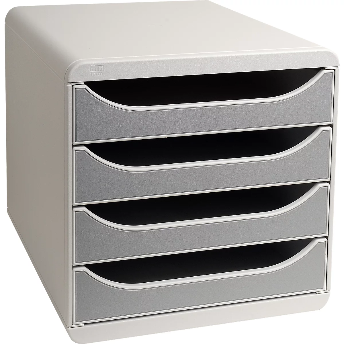Grijze en witte opbergbox met vier lades. Elke lade heeft een gebogen, grijze handgreep.