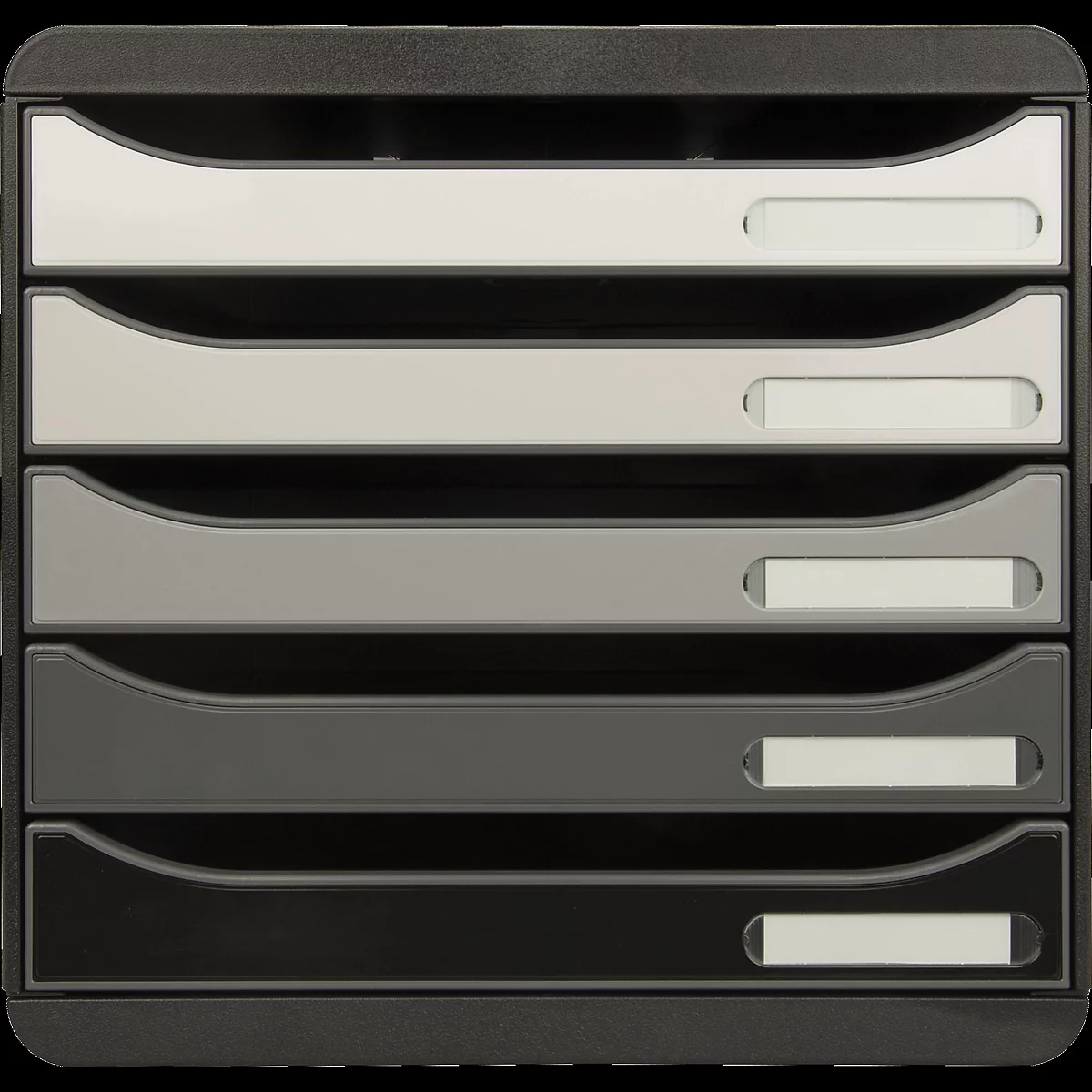 Tour de bac à lettres noir et gris avec cinq tiroirs, chacun avec une fente pour étiquette.