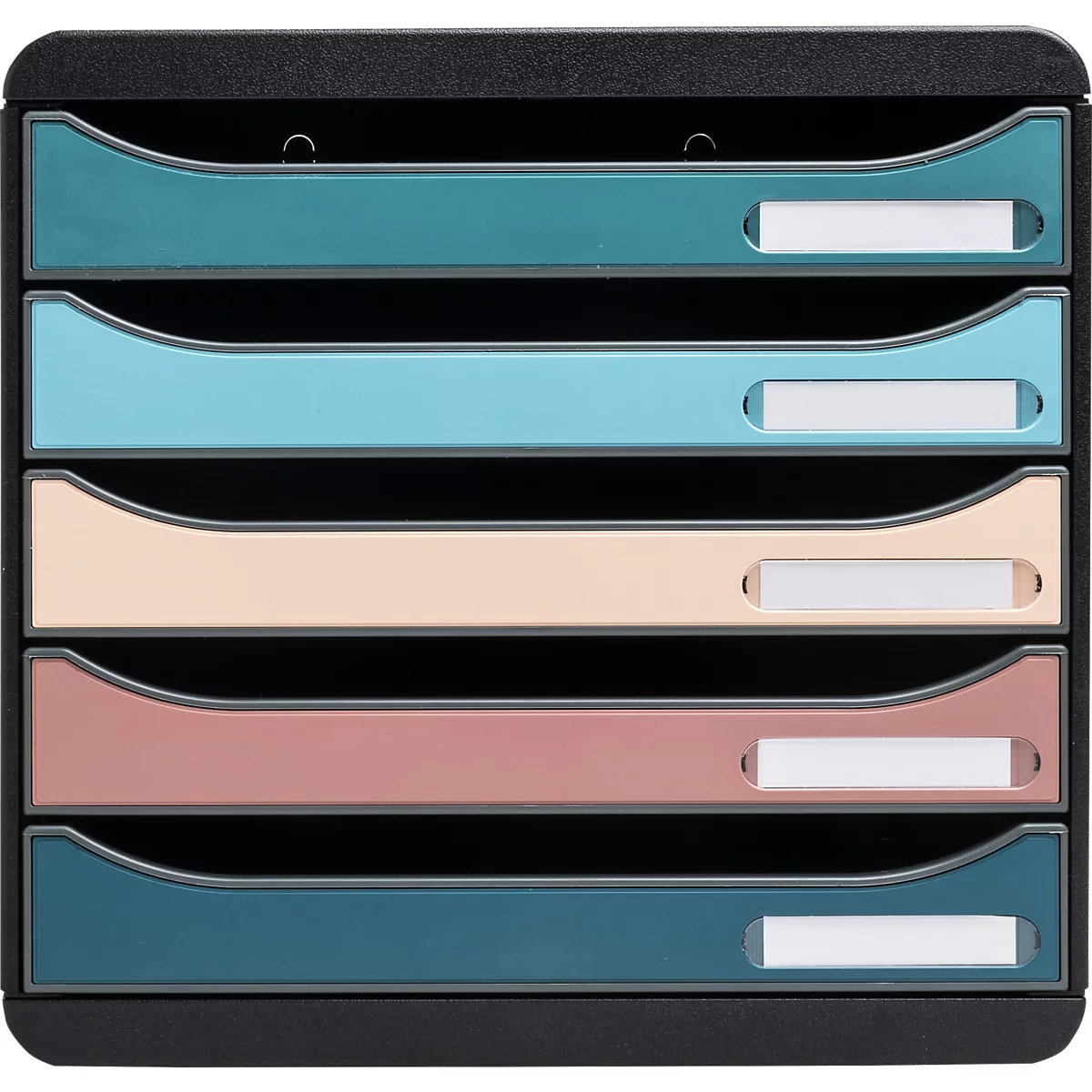 Organisateur de bac à lettres multicolore avec cinq compartiments et étiquettes nominatives.