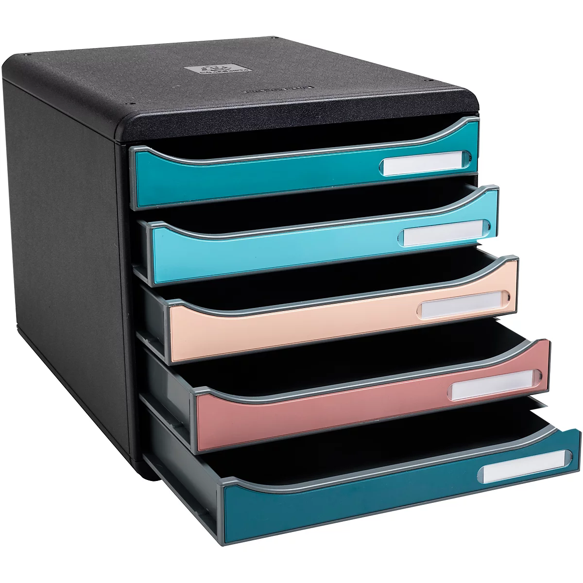 Organisateur de documents noir avec cinq tiroirs colorés.