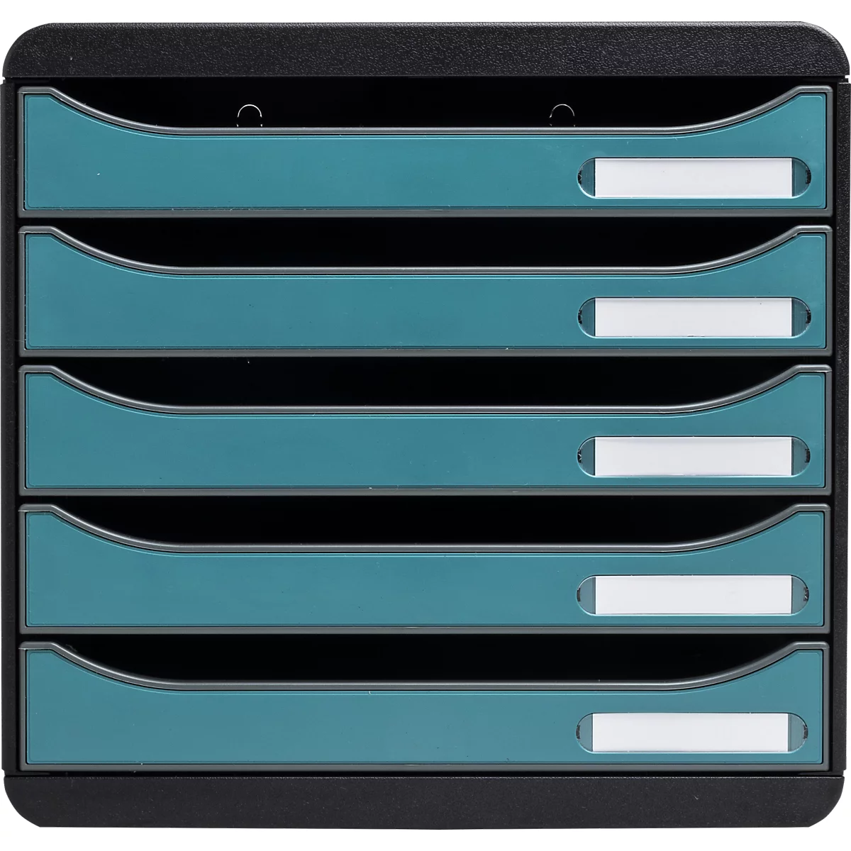 Organisateur de documents noir avec cinq tiroirs turquoise avec des champs d'étiquettes blancs.