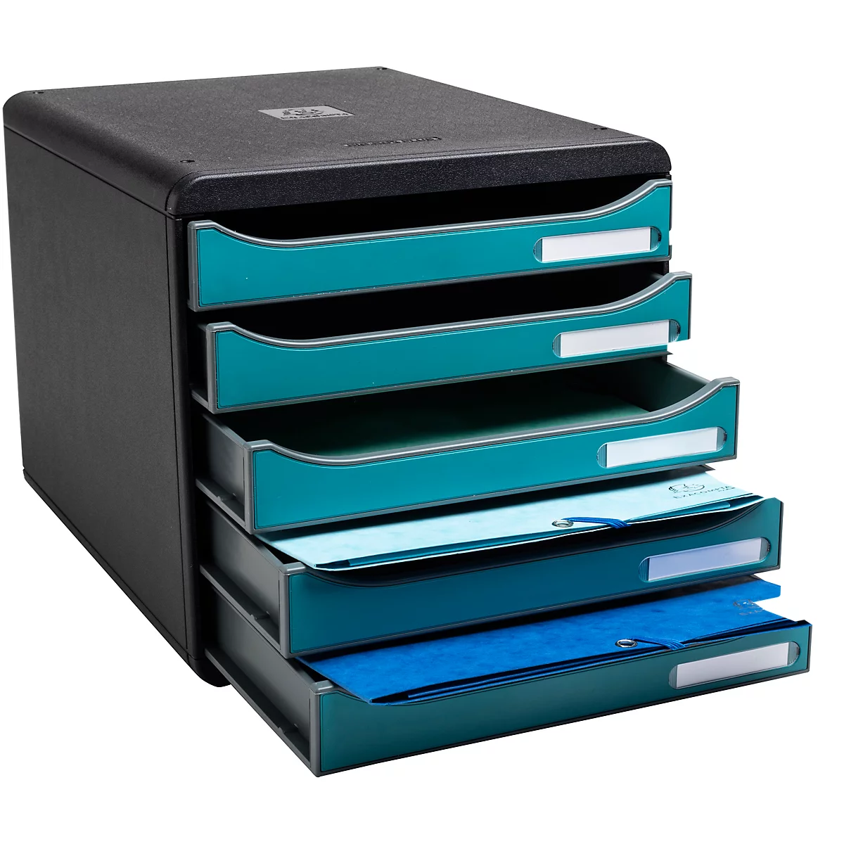 Organisateur de documents noir avec cinq tiroirs dans différentes nuances de turquoise. Certains tiroirs contiennent des papiers.