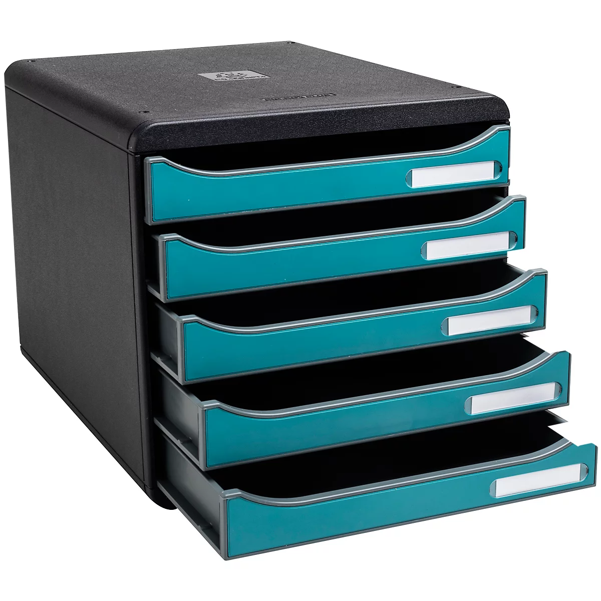 Organisateur de documents noir avec cinq tiroirs turquoise. Chaque tiroir a une étiquette blanche.