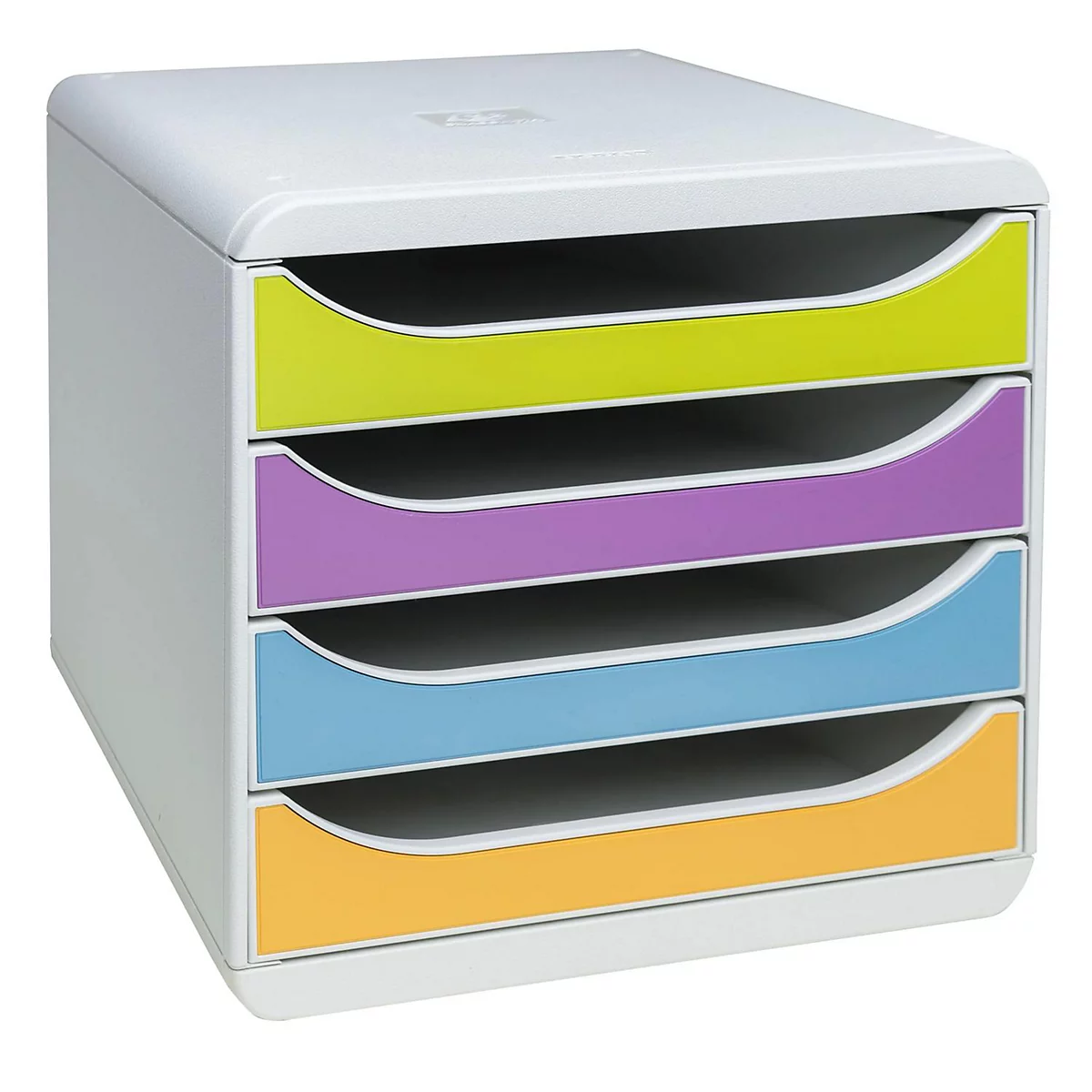 Organisateur de fichiers gris avec 4 tiroirs colorés : jaune, violet, bleu et orange.