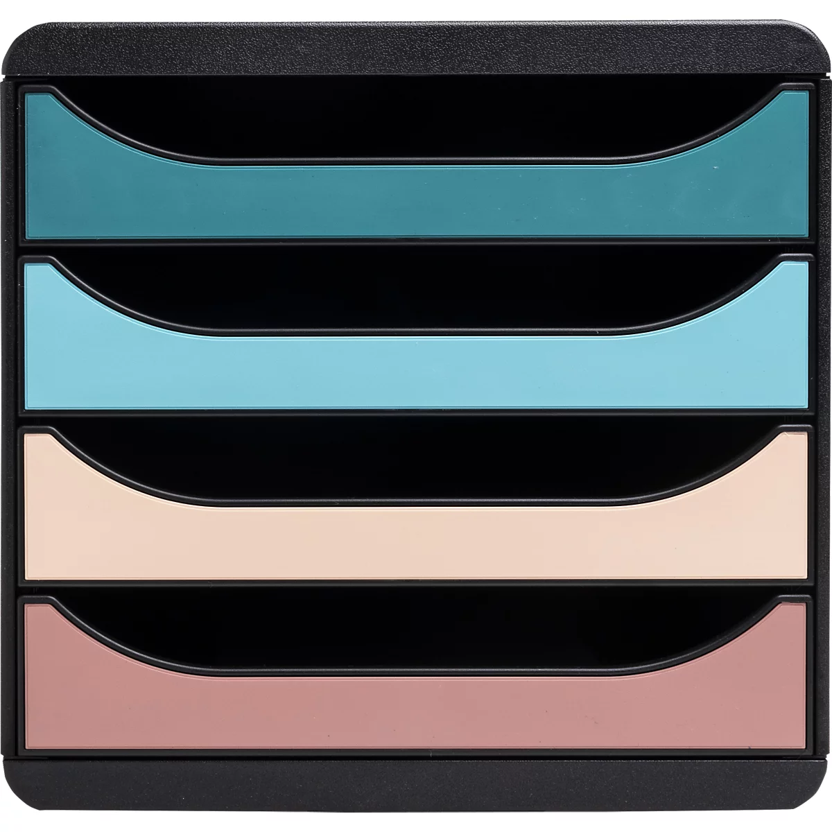 Zwarte documentenorganizer met vier gekleurde vakken: turquoise, lichtblauw, beige en roze.