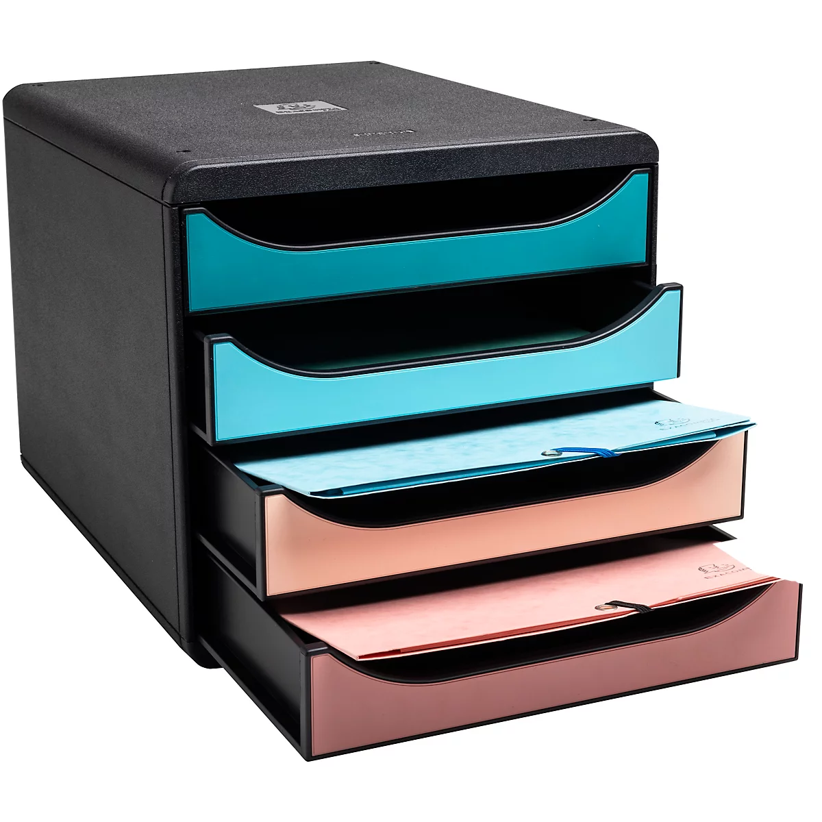 Organisateur de documents noir avec quatre plateaux de différentes couleurs, certains remplis de papiers.