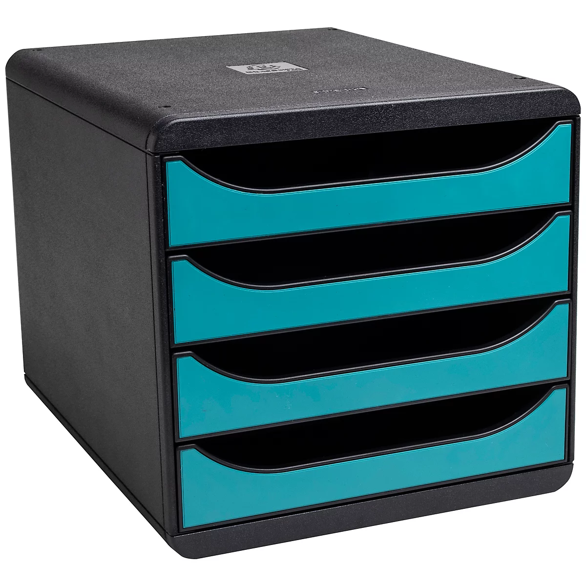 Pile de classement de documents noir avec quatre tiroirs turquoise. Légèrement arrondi en haut.