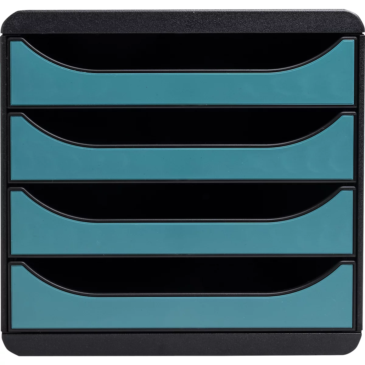 Organisateur de documents noir avec quatre compartiments, en partie turquoise, en partie noir.