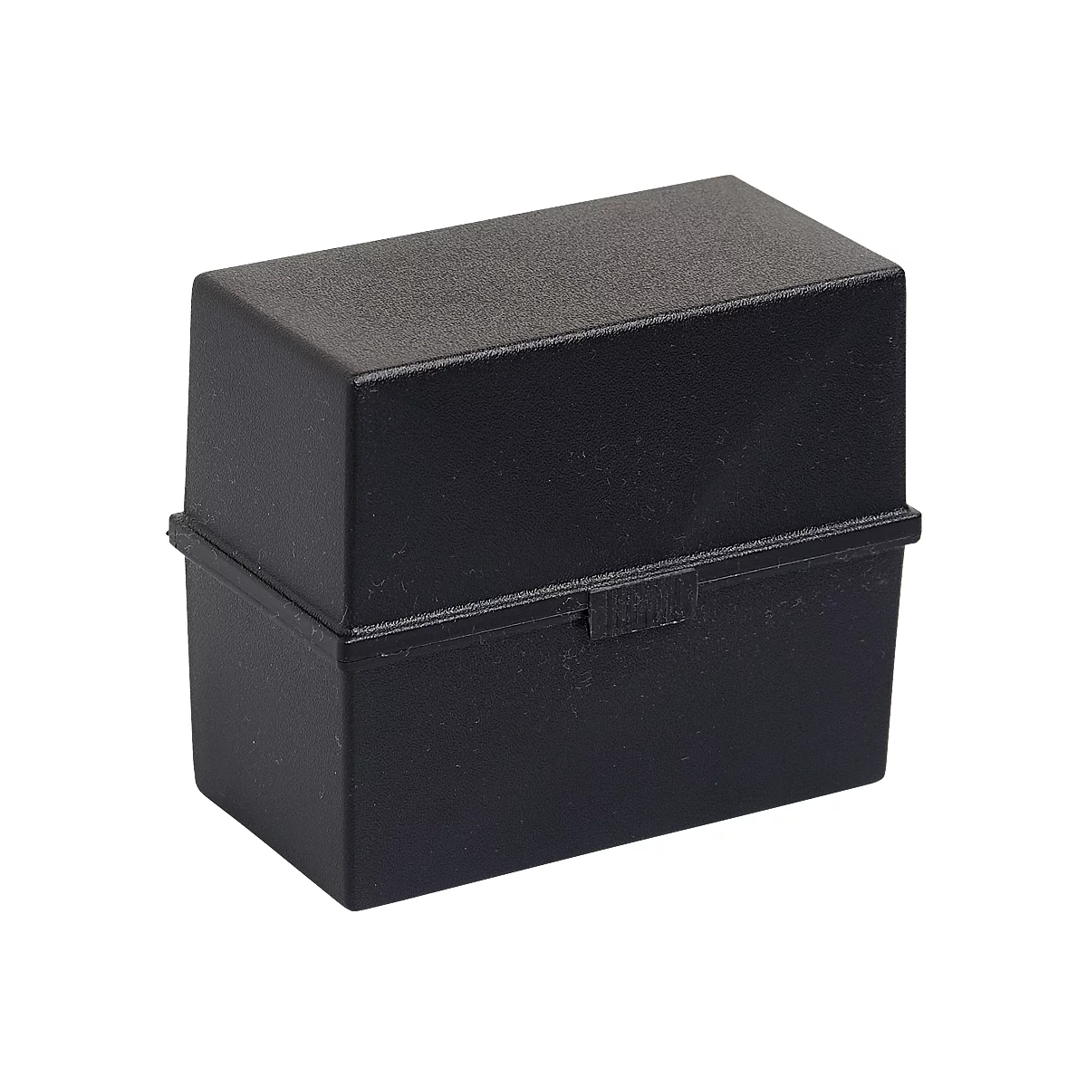 Boîte en plastique noire, rectangulaire, avec couvercle et fermeture à pression.