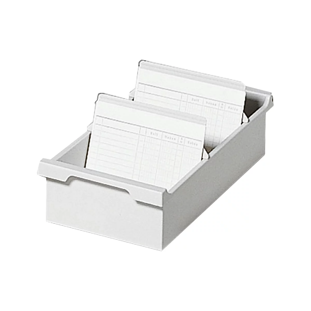 Boîte de fiches blanche avec fiches, montrant des colonnes et des rangées. La boîte est légèrement inclinée.