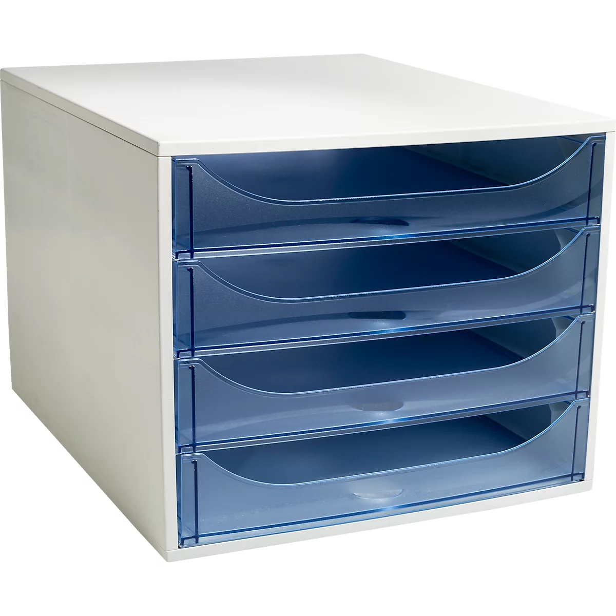 Organisateur de classeur blanc avec quatre tiroirs en plastique bleu transparent.