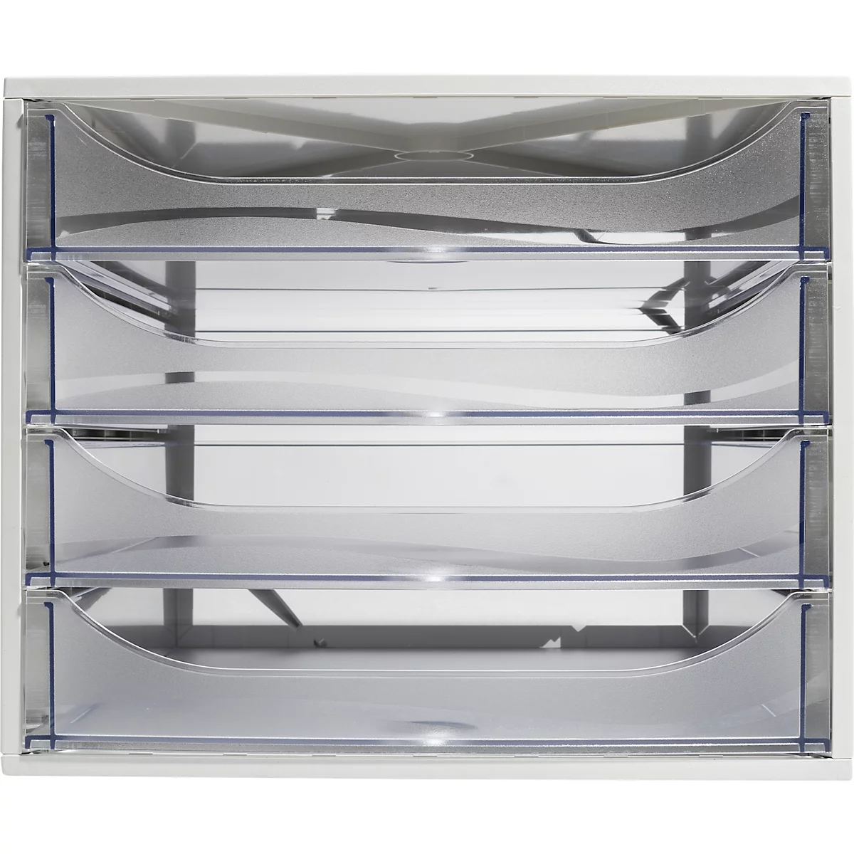 Organisateur de bac à papier blanc avec quatre compartiments transparents.