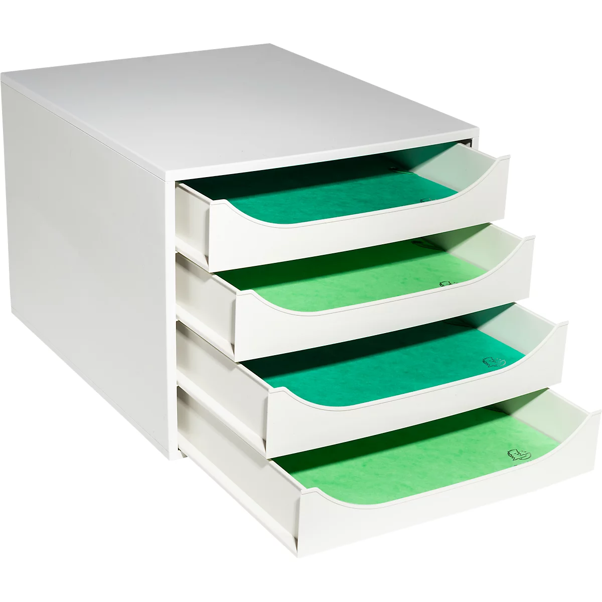 Système de tiroirs blanc avec quatre tiroirs sortis. L'intérieur est doublé de vert.