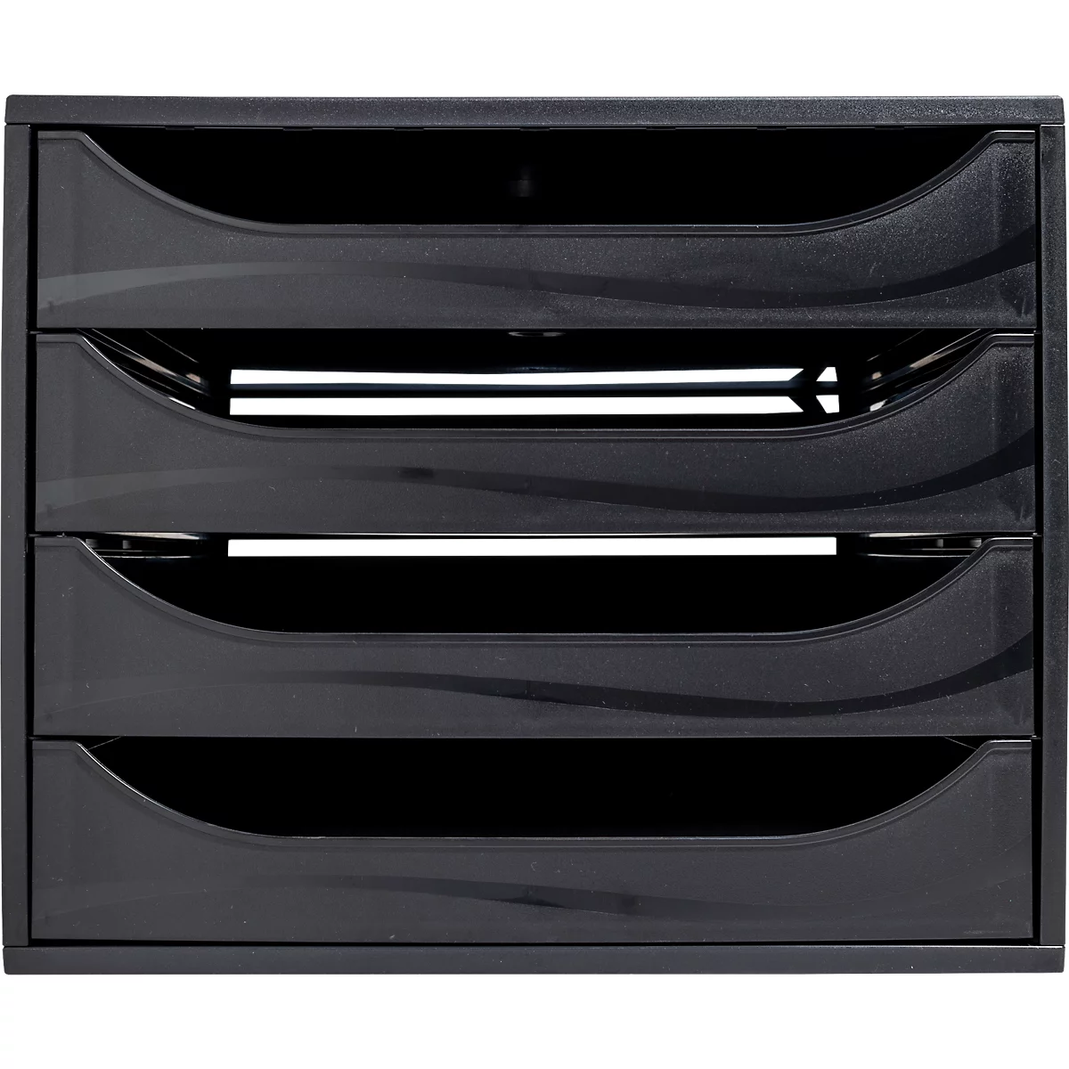 Tour de rangement de dossiers noir avec 4 tiroirs. Chaque tiroir a une forme ondulée et est marqué d'une ligne décorative.