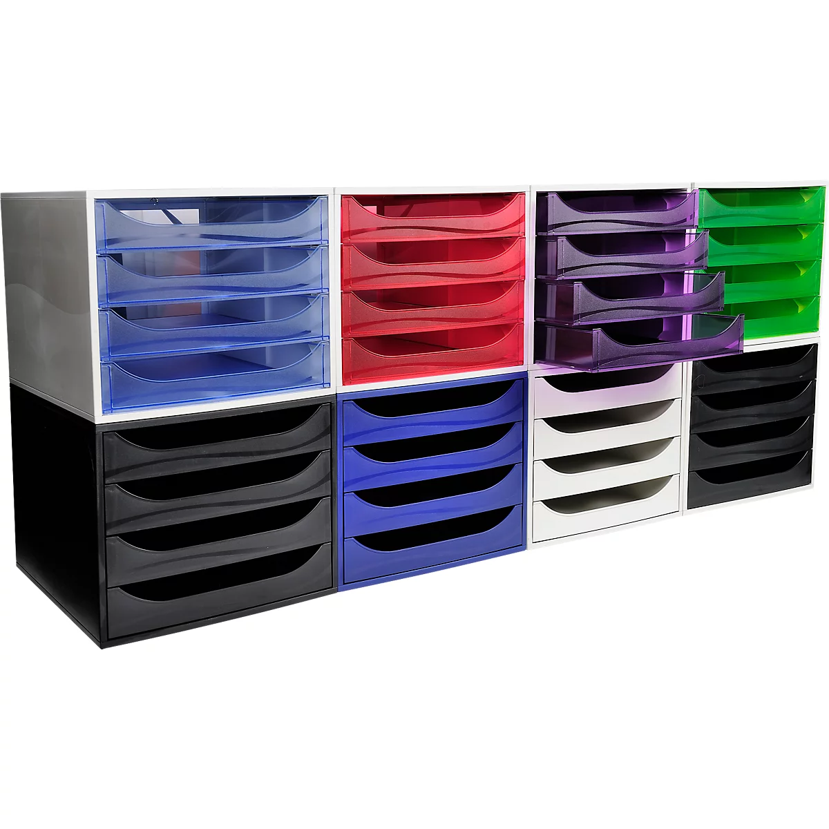 Trieurs de bureau de différentes couleurs, empilés.