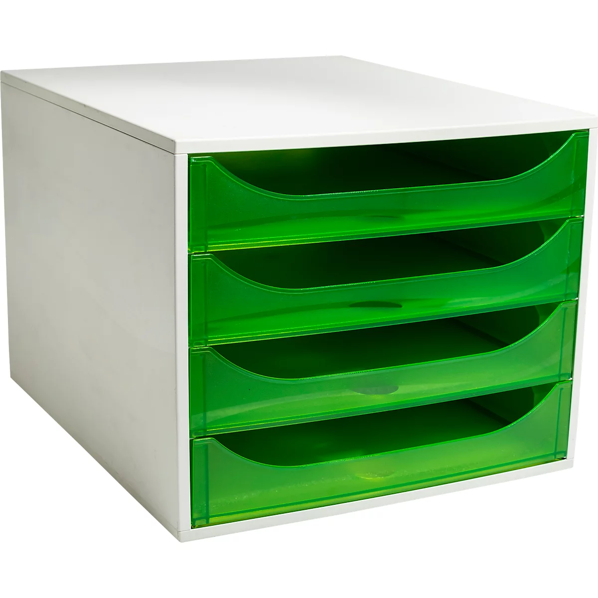 Classeur blanc avec quatre tiroirs verts.
