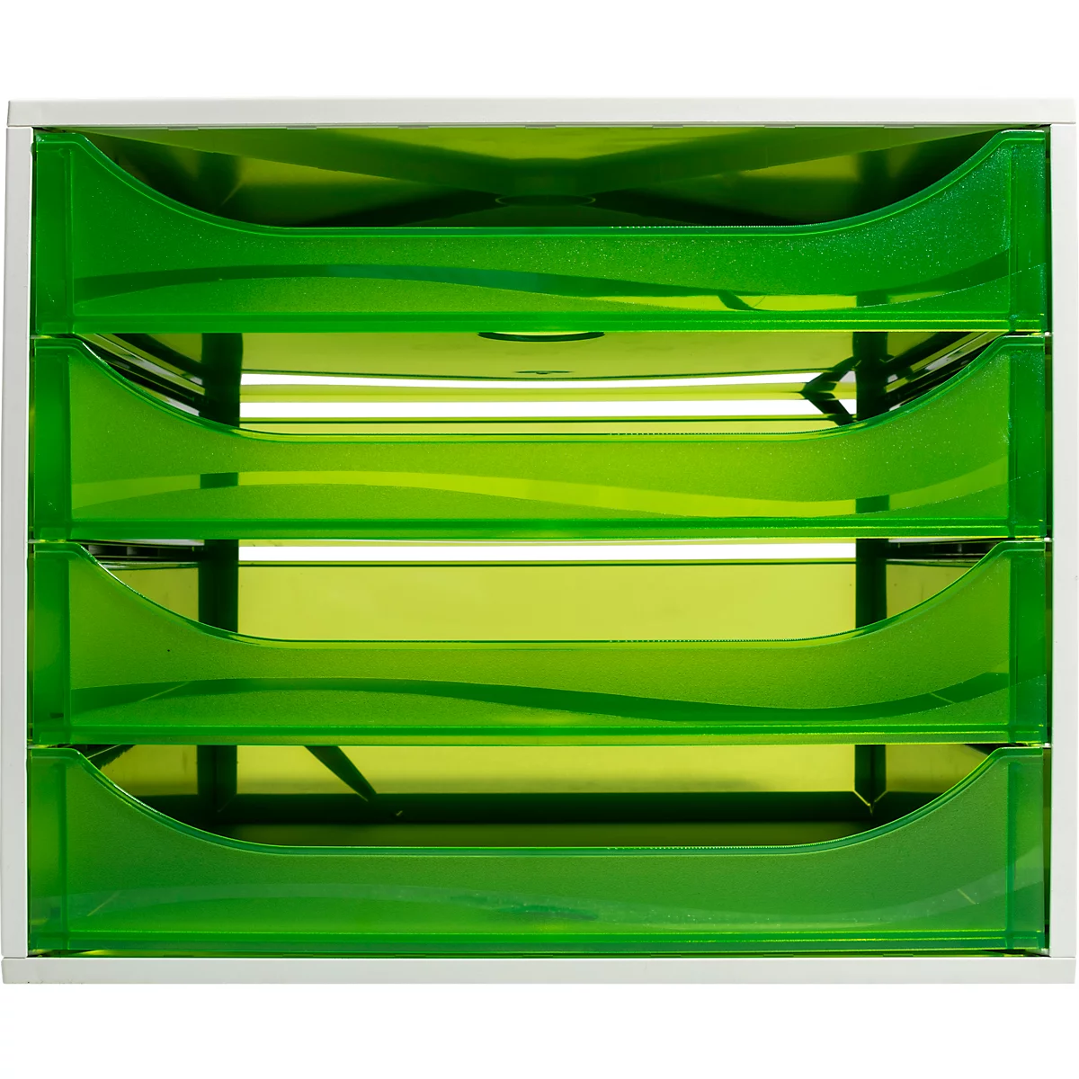 Organisateur de bureau vert à quatre niveaux, design en forme de vague. Cadre blanc, détails en noir.