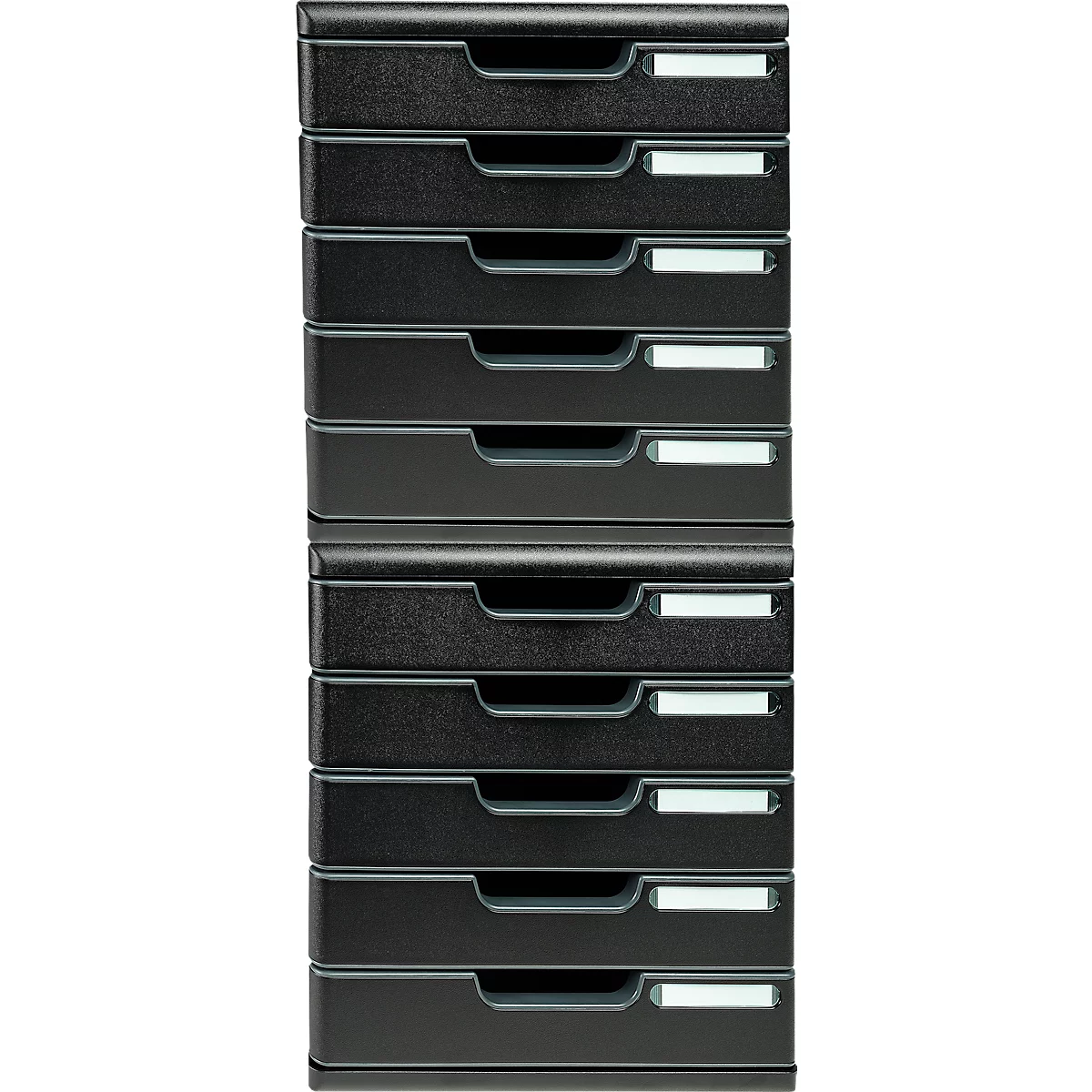 Organisateur de documents noir avec 10 tiroirs et étiquettes blanches.