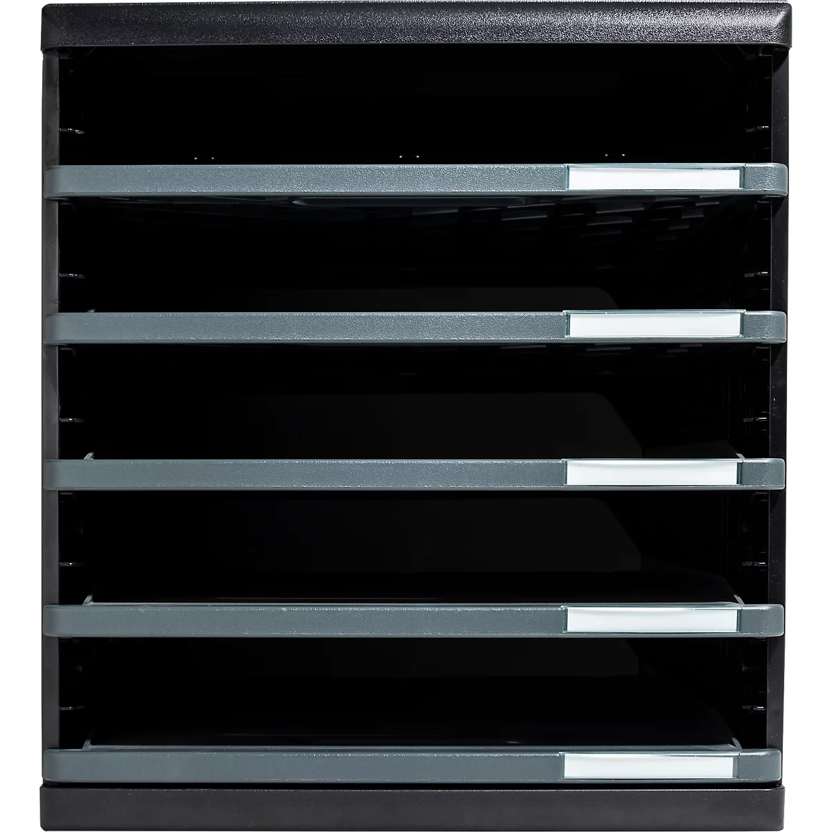 Organisateur de documents noir avec six compartiments et des porte-étiquettes gris.