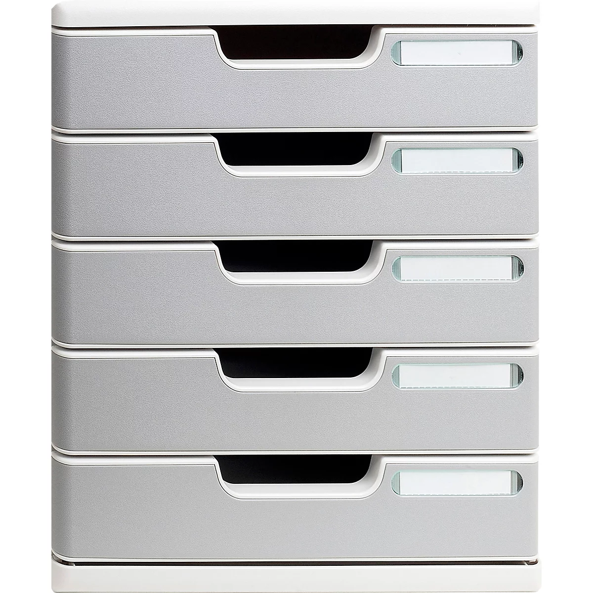 Organisateur de bureau gris empilable avec cinq tiroirs.