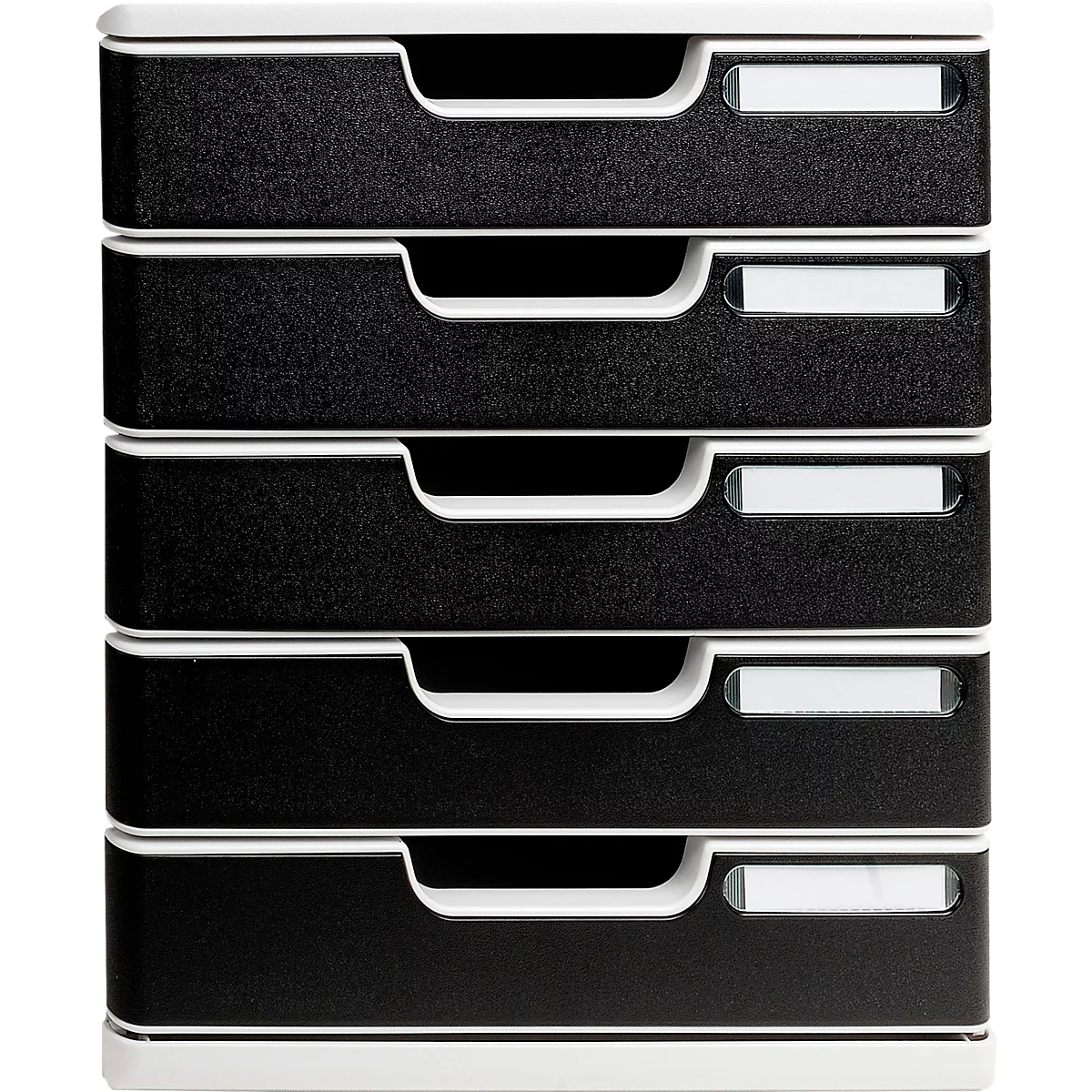 Organiseur de documents noir avec cinq tiroirs et des poignées et plaques signalétiques blanches.