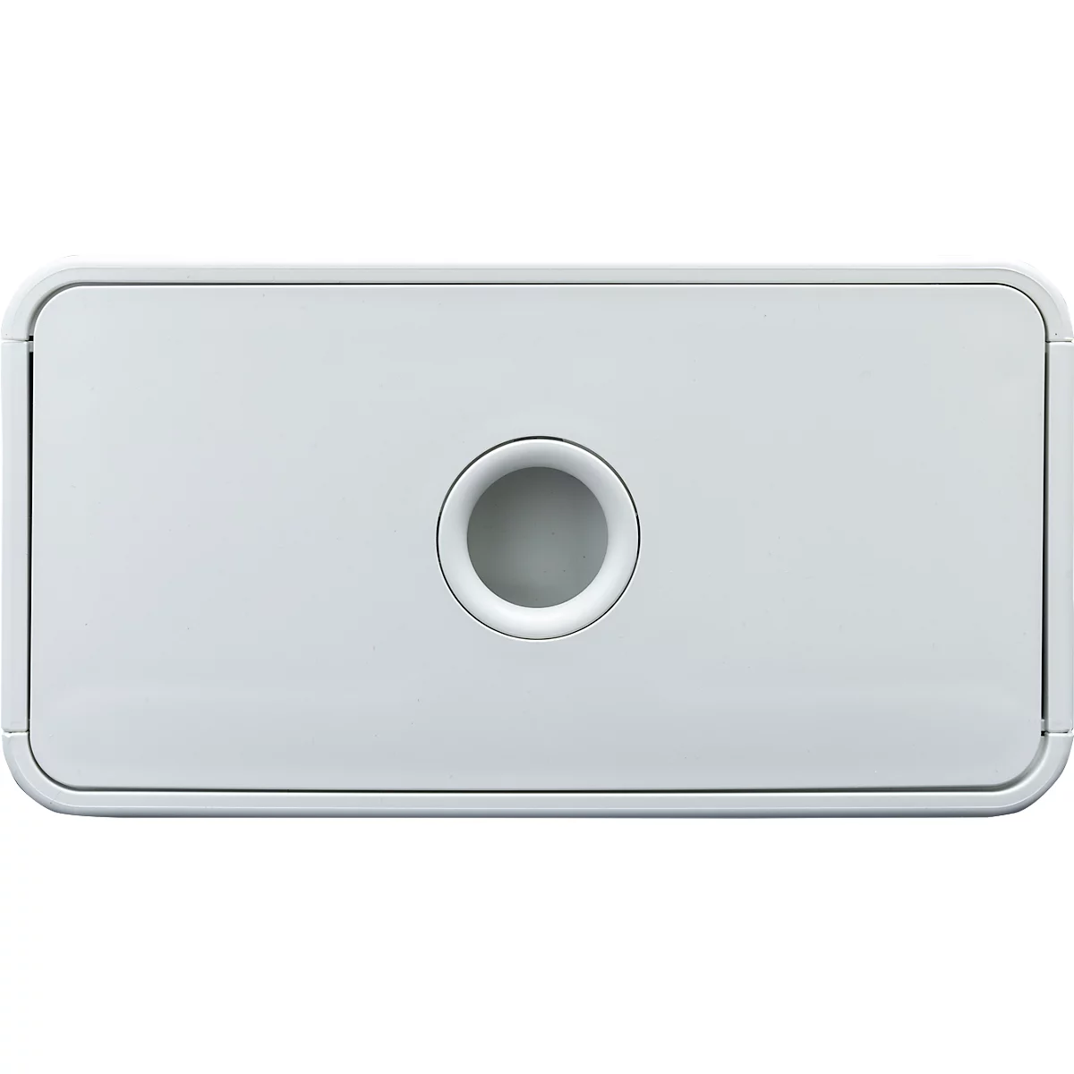 Boîte rectangulaire blanche avec des coins arrondis et un trou circulaire au centre.