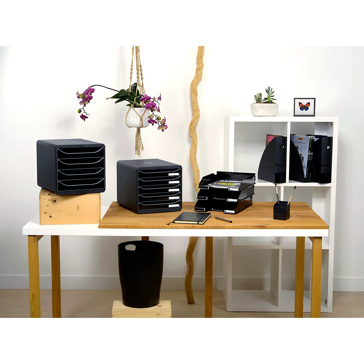 Schreibtisch mit Büro-Organizer, Mülleimer, Pflanze und Dekoration. Die Organisation ist in einem modern eingerichteten Büro gut sichtbar.
