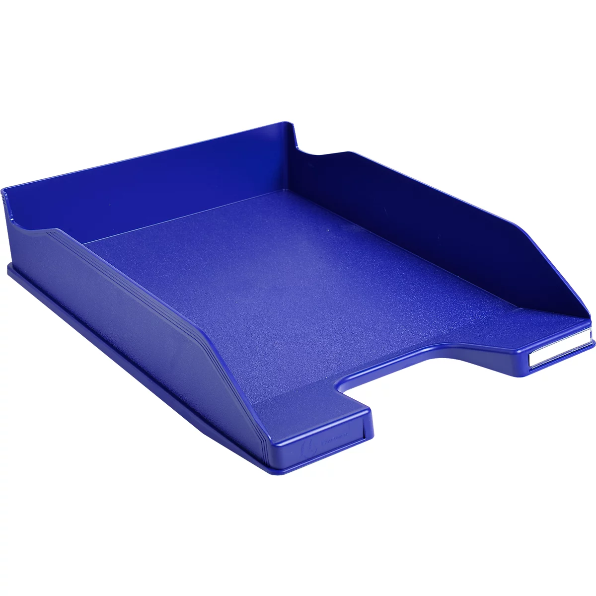 Blaue Ablageschale aus Kunststoff, schräg fotografiert.