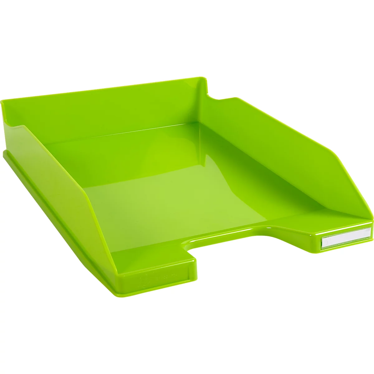 Grüne Ablageschale aus Kunststoff, perspektivisch aufgenommen.